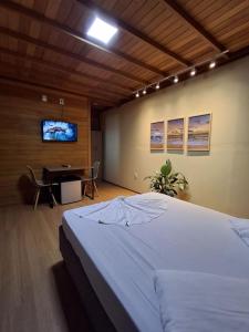 ein Schlafzimmer mit einem Bett, einem Schreibtisch und einem Fernseher in der Unterkunft Pousada Laranjal em Pelotas in Pelotas + 56 Fotos