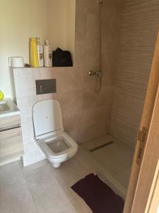 a bathroom with a white toilet and a shower at Ocean Park Apartment for rent in Casablanca +9 photos