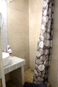 a bathroom with a sink and a shower curtain at Thomy's Apartment in Nea Michaniona in Nea Michaniona