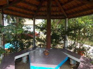 un tavolo da picnic sotto un padiglione con una pianta di Drosia Apartments a Asprovalta