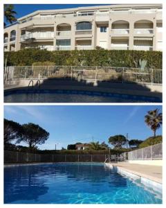 two pictures of a swimming pool in front of a building at Soleil d'or à St Aygulf in Fréjus