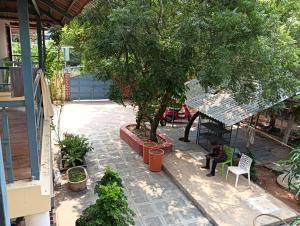 a person sitting on a chair under a tree at SAN Brick cottages in Kuilapayam +1 photo