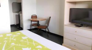 a bedroom with a bed and a table and a television at Sunstyle Suites in Orlando