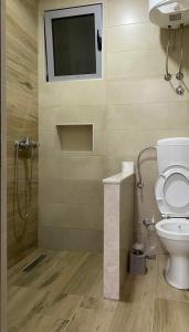 a bathroom with a toilet and a tv on the wall at Apartments Drini in Ulcinj