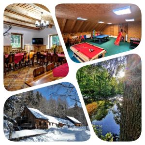 a collage of pictures of a house with a pool table at Chata Pelikán in Loučná nad Desnou