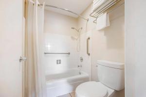 a white bathroom with a toilet and a bath tub at Rodeway Inn Albany in Albany +28 photos