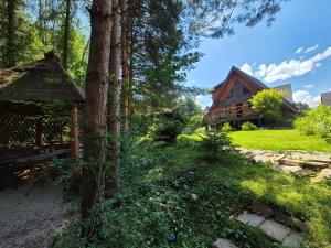 a cabin in the woods next to a tree at Szałas "Jodłowe Izby" in Białka Tatrzanska
