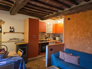 a living room with a blue couch in a kitchen at Casa vacanze il Gelsomino in Abbadia San Salvatore +29 photos