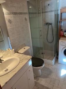 Un baño con inodoro, lavabo y ducha. en Studio vallée de Chamonix, en Les Houches