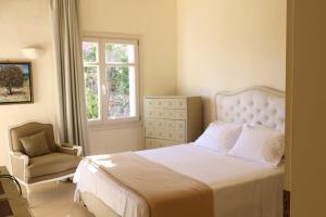a bedroom with a bed and a chair and a window at Aqua Dream Villa in Vourkari
