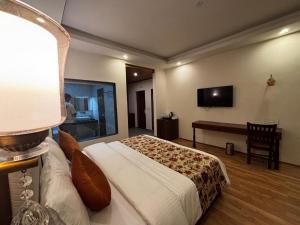 a bedroom with a bed and a television on the wall at Tapovan Retreat Manali in Haripūr