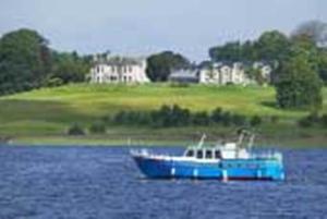 a blue boat sitting in the middle of the water at The Mill Bar in Athlone