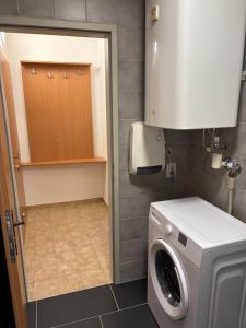 - une buanderie avec un lave-linge et une armoire dans l'établissement Ferienwohnung im Stadtteil Waiern in Feldkirchen in Kärnten, à Feldkirchen in Kärnten