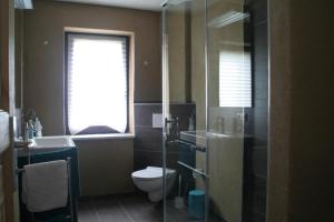 łazienka z toaletą, umywalką i oknem w obiekcie Ferienhaus Geipel w mieście Wohlbach