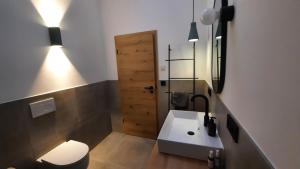 a bathroom with a sink and a toilet and a mirror at raum14 in Böbrach