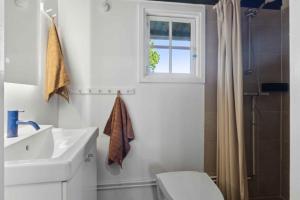 ein Badezimmer mit Waschbecken und Toilette und einem Fenster in der Unterkunft Cozy Holiday Home Near Rødby in Rødby + 13 Fotos