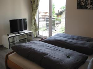 オフターシュヴァングにあるBergblick Lodgeのベッドルーム1室(ベッド2台、薄型テレビ付)