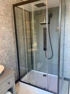 una ducha con mampara de cristal en un baño en Aan de Plenkert, en Valkenburg