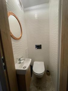 a bathroom with a toilet and a sink and a mirror at Magiczny apartament in Duszniki Zdrój +3 photos
