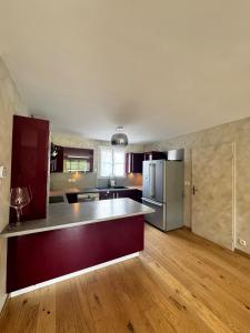 eine Küche mit Küchengeräten aus Edelstahl und Holzböden in der Unterkunft Maison à 5 min de Disneyland Paris in Esbly + 2 Fotos