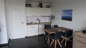 a kitchen with a table and chairs and a sink at Apartment Weitsicht mit Pool & Sauna in Hohegeiß