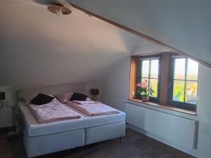 a bedroom with a bed and a window at Ferienwohnung Harzteufel in Blankenburg
