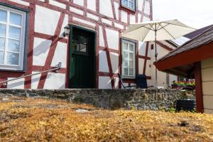 a house with a green door and an umbrella at Historische Ferienwohnung im Erdgeschoss in Lich