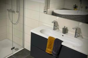 a bathroom with a sink and a shower at FEWO-Hagemeister in Schwerin - ABC571 - keine Monteure in Schwerin