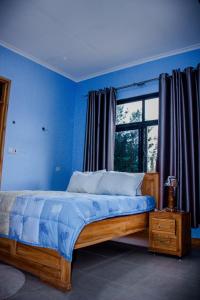 a blue bedroom with a bed and a window at Avocado Kilimanjaro Homes in Marangu