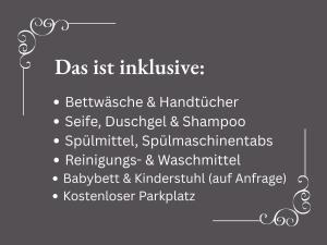 a list oflists oflists in a white text box at Brandneu - Fewo Sweethome mitten in Lutherstadt Wittenberg - ruhige Seitenstraße - eigener Parkplatz - Einkaufen, Restaurants & Schlosskirche 2 Min zu Fuß - Waschmaschine - Smart-TV - vollausgestattet in Lutherstadt Wittenberg