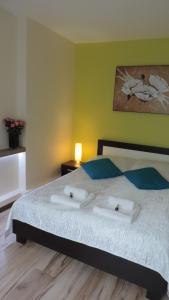 イボニチ・ズドルイにあるApartament Greyのベッドルーム(青い枕の大型ベッド1台付)