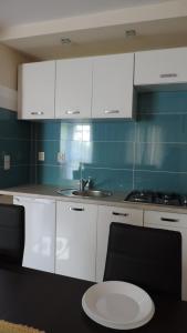 een keuken met witte kasten en een wastafel bij Apartament Grey in Iwonicz-Zdrój