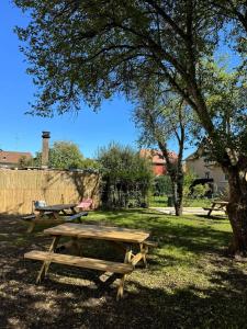een picknicktafel in een park onder een boom bij Logement Neuf Cosy avec Espaces Communs Premium 13 in Belfort