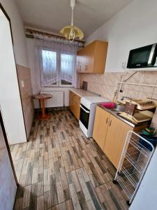 a small kitchen with a sink and a stove at Casa Rica Vendégház in Sovata