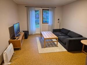 un soggiorno con un divano nero e un tavolo di Leilighet Åmdals Verk, Telemark a Åmdals Verk