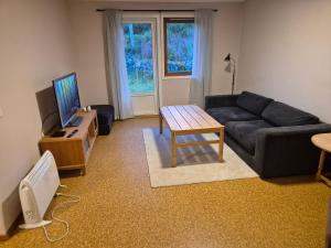 un soggiorno con un divano nero e una TV di Leilighet Åmdals Verk, Telemark a Åmdals Verk Altre 2 foto