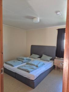 a bedroom with a bed with blue sheets and pillows at Leilighet Åmdals Verk, Tokke in Åmdals Verk
