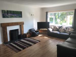 a living room with a couch and a fireplace at Blackmoor Farmhouse in Stepaside
