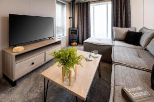 セント・アンドルーズにあるHot tub Lodge, Victory 101のソファとテレビのあるリビングルーム +2枚の写真