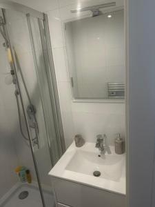 a bathroom with a sink and a shower and a mirror at joli studio en face de la gare in Nice