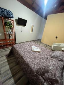 a bedroom with a bed and a television in a room at Chalés do vale Extrema azul in Extrema