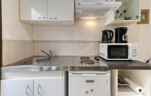 eine kleine Küche mit Spüle und Mikrowelle in der Unterkunft Appartement Proche Plage in La Rochelle