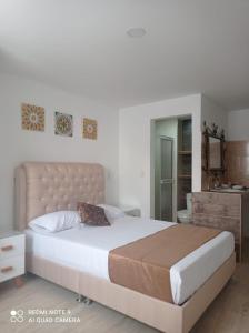 a bedroom with a large bed and a bathroom at San Francisco Plaza Real in Bucaramanga