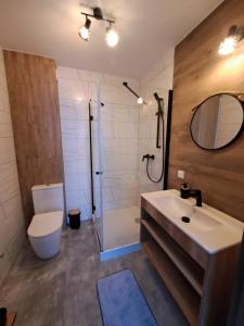 a bathroom with a toilet and a sink and a shower at Akwarium in Międzywodzie +44 photos