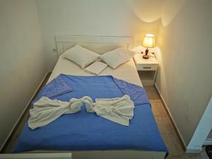 a bedroom with a bed with a blue blanket at Guest House Levant in Čanj