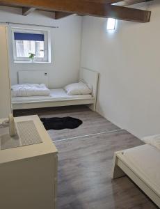 a room with two beds and a window at Handwerker Wohnung im Landhaus in Ramhusen