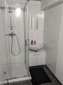a white bathroom with a sink and a shower at Handwerker Wohnung im Landhaus in Ramhusen