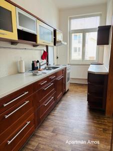 a kitchen with wooden cabinets and a counter top at Apartmány Komenského Velké Losiny in Velké Losiny +21 photos