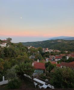 Blick auf eine Stadt mit Bergen in der Ferne in der Unterkunft Αρχοντικό Πανόραμα in Melívoia