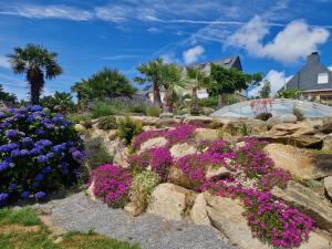 a garden with purple and purple flowers and rocks at Meeresbrise in Loperhet